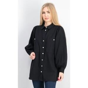 Topshop Womens Spread Collar Button Front Puff Long Sleeve Denim Top Blk Sz6 $58